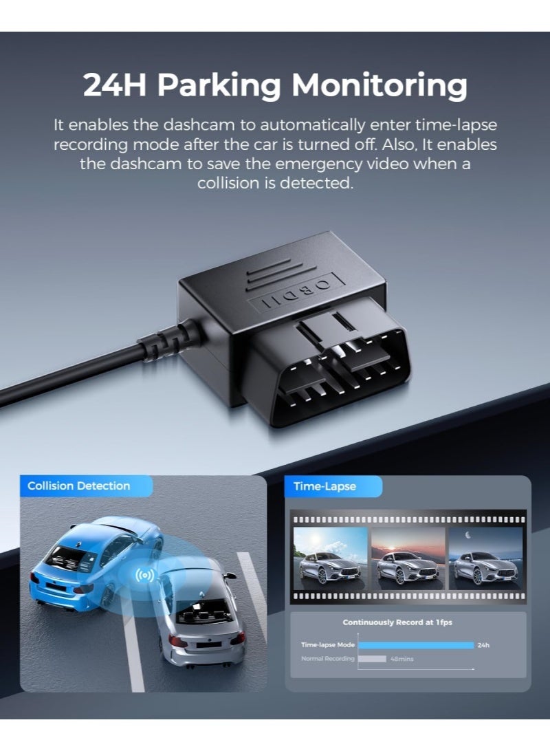 Type C Port OBD Hardwire Kit for Dash Cam, Easy to Install, Support Parking Mode, 11FT 12V-24V to 5V Power Cable for Car Camera with Type C Port, Low Voltage Protection, Matte Black - Image 3