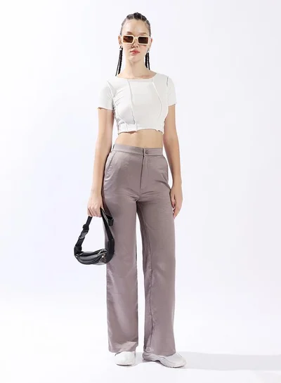 HIGH STAR Women's Mid Grey 100% Polyester Solid Pattern Full Length Palazzo Wide Leg Trouser