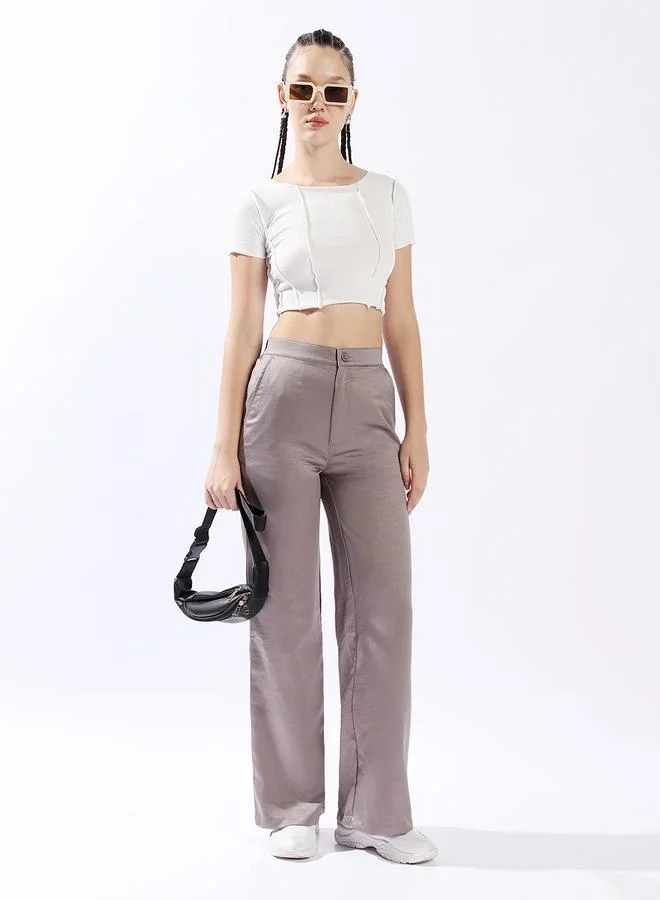 HIGH STAR Women's Mid Grey 100% Polyester Solid Pattern Full Length Palazzo Wide Leg Trouser