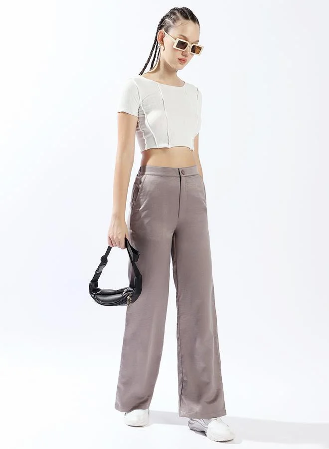 HIGH STAR Women's Mid Grey 100% Polyester Solid Pattern Full Length Palazzo Wide Leg Trouser