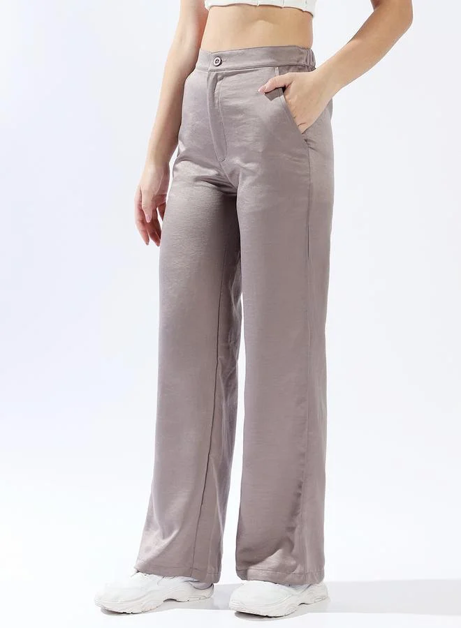 HIGH STAR Women's Mid Grey 100% Polyester Solid Pattern Full Length Palazzo Wide Leg Trouser