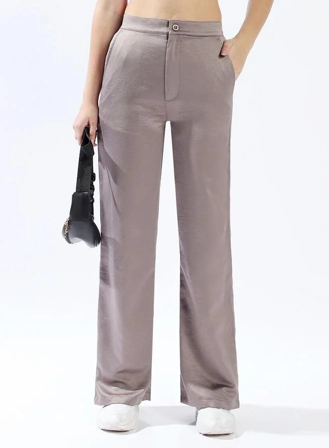 HIGH STAR Women's Mid Grey 100% Polyester Solid Pattern Full Length Palazzo Wide Leg Trouser