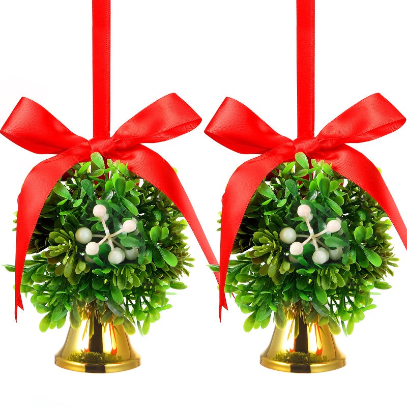 2 Pieces Christmas Mistletoe Hanging Balls Holiday Artificial Mistletoe Balls Xmas Kissing Ball Decorations with Bow Knots and Bells for Home Christmas Party Decor 5 Inch White GoldClassic