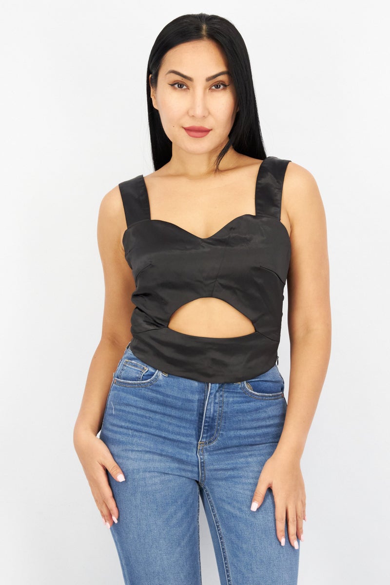 AMYLYNN Women Queen Anne Neck Sleeveless Plain Cut Out Top, Black - Image 1