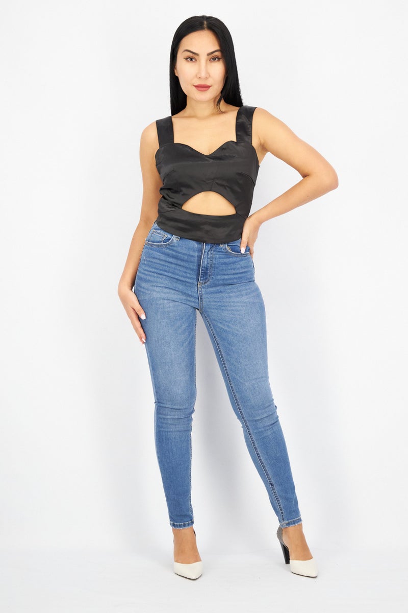 AMYLYNN Women Queen Anne Neck Sleeveless Plain Cut Out Top, Black - Image 4