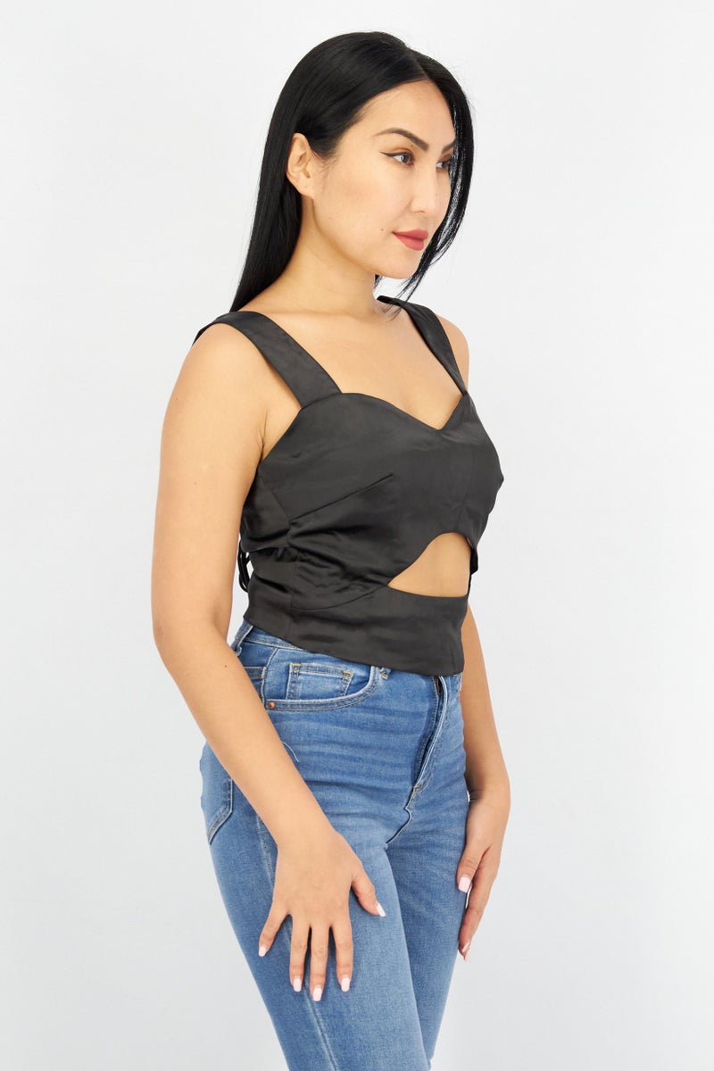AMYLYNN Women Queen Anne Neck Sleeveless Plain Cut Out Top, Black - Image 2