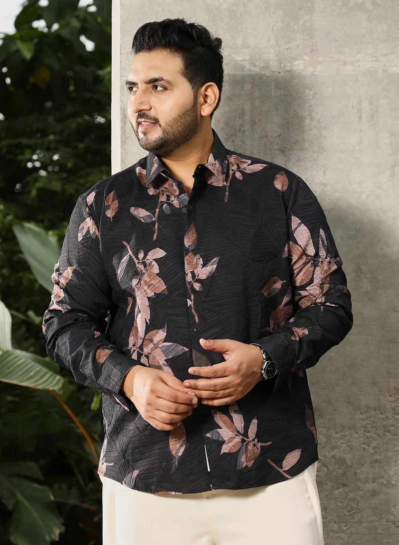 Instafab Plus Instafab Plus Men's Black Imprinted Foliage Textured Shirt | Spread Collar , Long Cuffed Sleeves , Button Closure , Curved Hemline | Botanical-Print Textured Polyester Blend For Street & Casual Wear