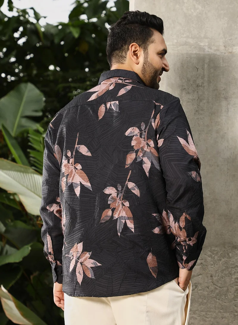 Instafab Plus Instafab Plus Men's Black Imprinted Foliage Textured Shirt | Spread Collar , Long Cuffed Sleeves , Button Closure , Curved Hemline | Botanical-Print Textured Polyester Blend For Street & Casual Wear