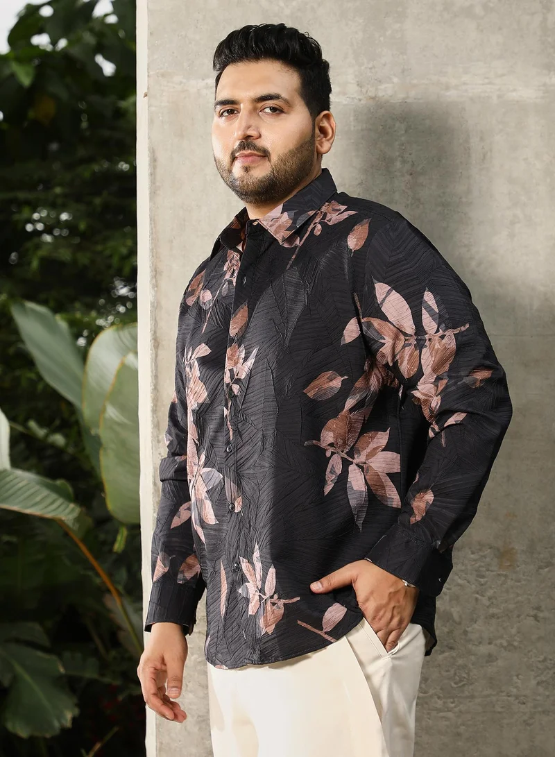 Instafab Plus Instafab Plus Men's Black Imprinted Foliage Textured Shirt | Spread Collar , Long Cuffed Sleeves , Button Closure , Curved Hemline | Botanical-Print Textured Polyester Blend For Street & Casual Wear