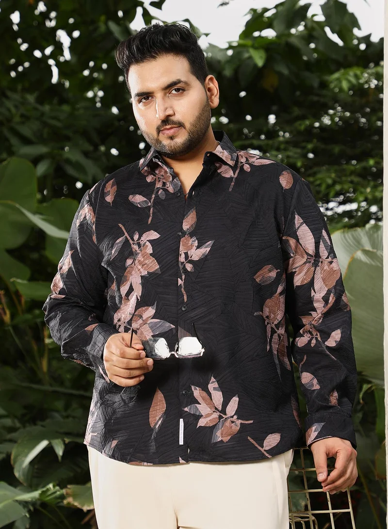 Instafab Plus Instafab Plus Men's Black Imprinted Foliage Textured Shirt | Spread Collar , Long Cuffed Sleeves , Button Closure , Curved Hemline | Botanical-Print Textured Polyester Blend For Street & Casual Wear