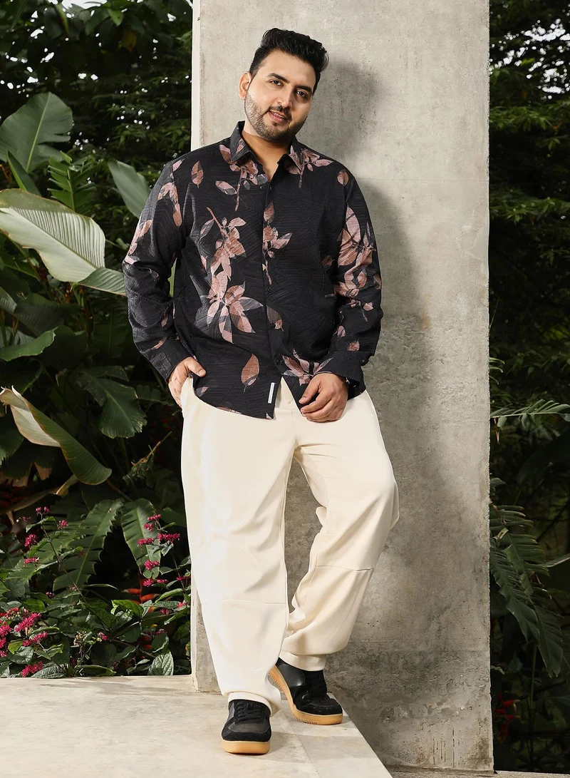 Instafab Plus Instafab Plus Men's Black Imprinted Foliage Textured Shirt | Spread Collar , Long Cuffed Sleeves , Button Closure , Curved Hemline | Botanical-Print Textured Polyester Blend For Street & Casual Wear
