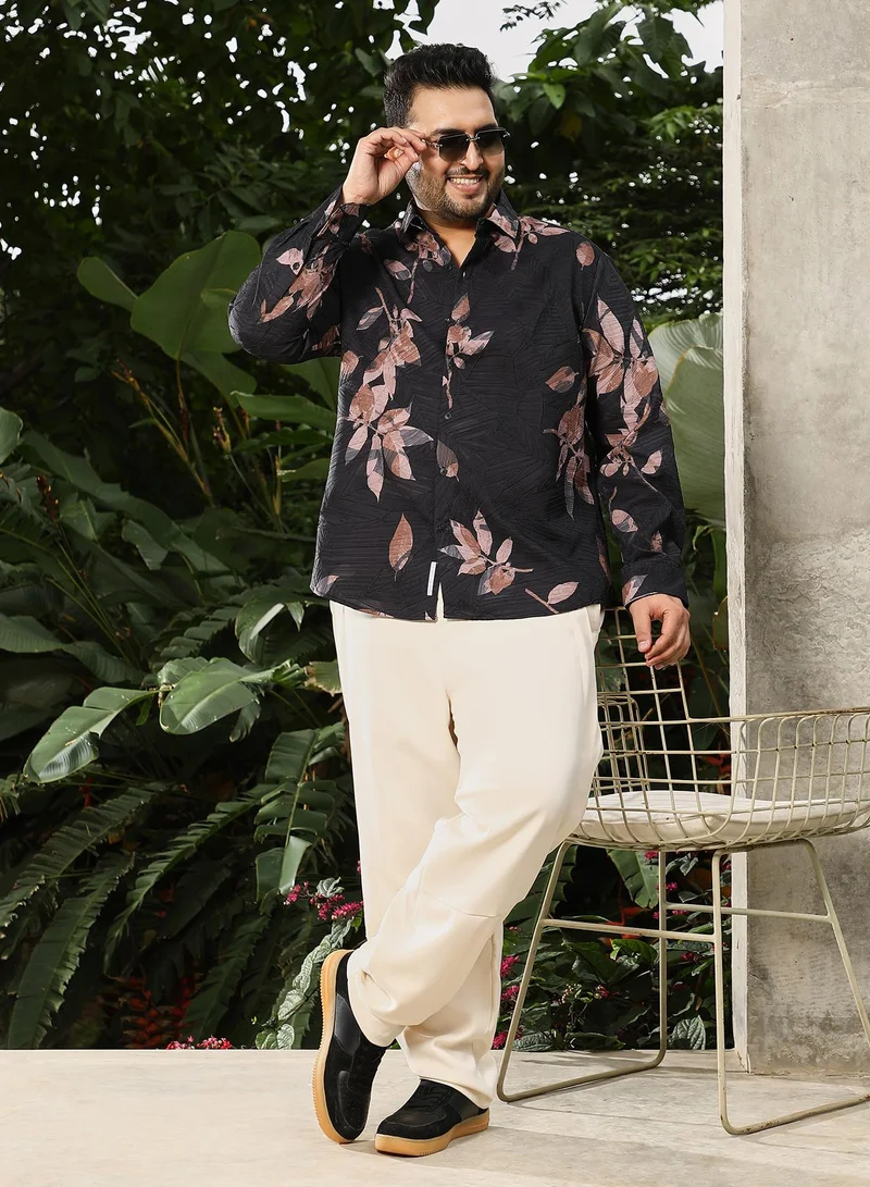 Instafab Plus Instafab Plus Men's Black Imprinted Foliage Textured Shirt | Spread Collar , Long Cuffed Sleeves , Button Closure , Curved Hemline | Botanical-Print Textured Polyester Blend For Street & Casual Wear