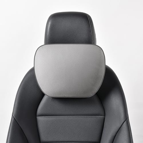 POKSRI Genuine Leather Car Neck Pillow for headrest,Support Drive Seats Head Cushion,Real Cow Leather,11.8x7.5”,Plant-Based Polyester,Thickness & Height Adjustable,Inner Liner fillable(Grey,1p) - Image 1