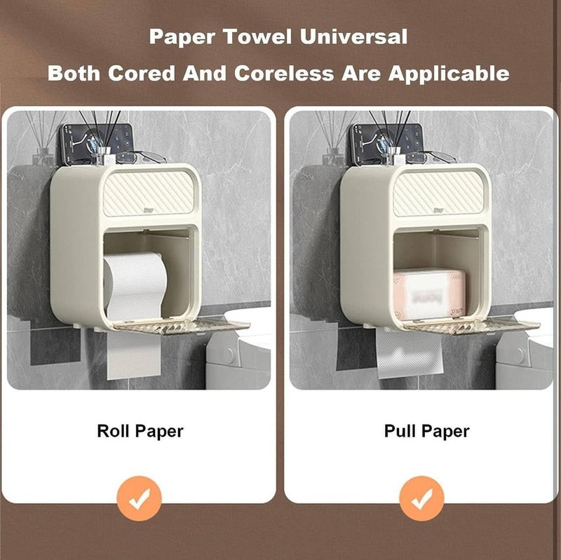 SHOPECOM حامل ورق المرحاض بدون ثقب من شوبكوم | صندوق ورق المرحاض المثبت على الحائط | صندوق مناديل للمنزل، الحمام، غرفة الغسيل | رف تخزين كرتوني يدوي لاستخراج الورق فاخرة خفيفة (بيج) - Image 5