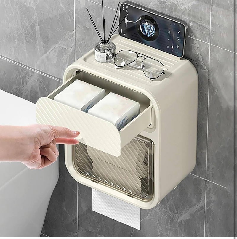 SHOPECOM حامل ورق المرحاض بدون ثقب من شوبكوم | صندوق ورق المرحاض المثبت على الحائط | صندوق مناديل للمنزل، الحمام، غرفة الغسيل | رف تخزين كرتوني يدوي لاستخراج الورق فاخرة خفيفة (بيج) - Image 3