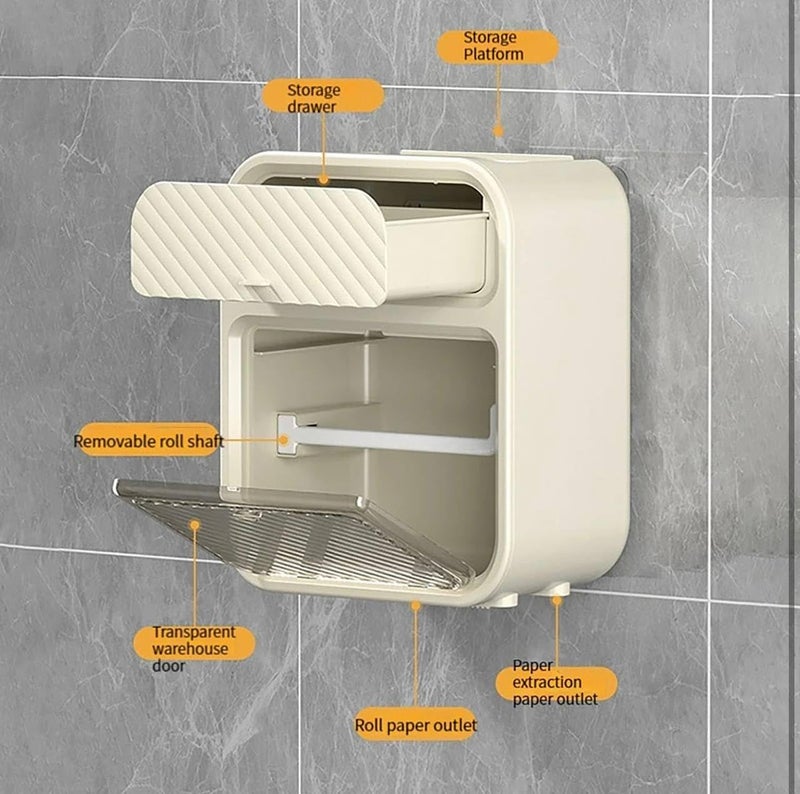 SHOPECOM حامل ورق المرحاض بدون ثقب من شوبكوم | صندوق ورق المرحاض المثبت على الحائط | صندوق مناديل للمنزل، الحمام، غرفة الغسيل | رف تخزين كرتوني يدوي لاستخراج الورق فاخرة خفيفة (بيج) - Image 4