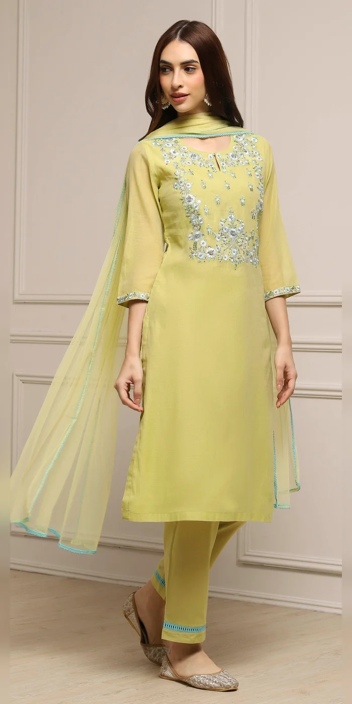 Women Sage Green Art Silk A-Line Kurta Regular Pant Suit Set