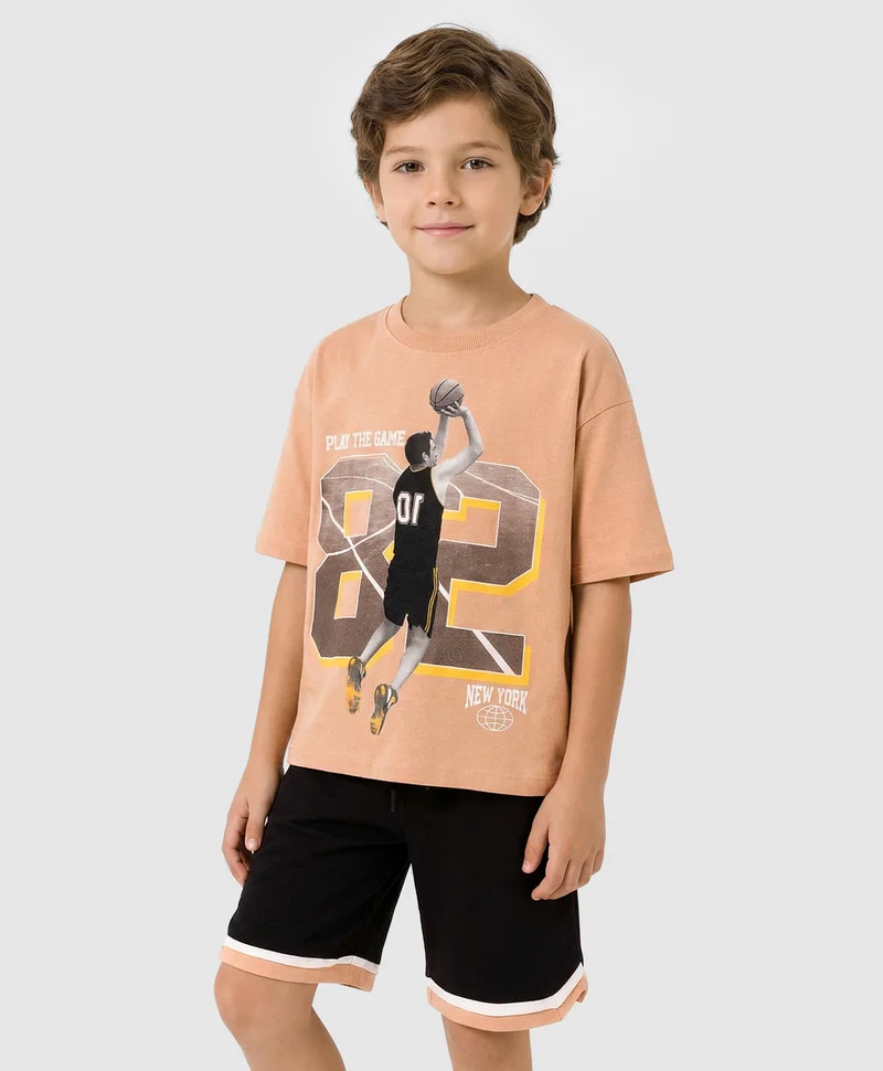 Primo Gino Primo Gino 100% Cotton Drop Shoulder Digital Printed Half Sleeves T-Shirt & Shorts Set - Beige & Black