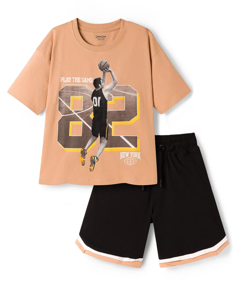 Primo Gino Primo Gino 100% Cotton Drop Shoulder Digital Printed Half Sleeves T-Shirt & Shorts Set - Beige & Black