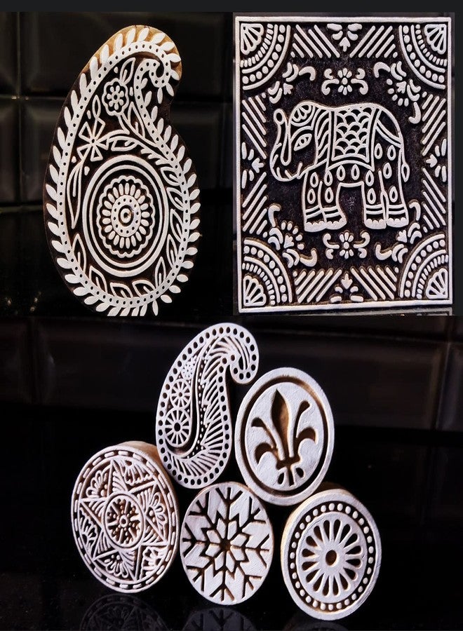 ecofynd Wooden Block Stamps (Pack of 7), Wooden Blocks for Block Printing Stamp Set, Artistic Shapes Craft Kids Saree Border DIY Henna Fabric Paper Clay Pottery Hand-Carved (BLOCK056) - Image 1