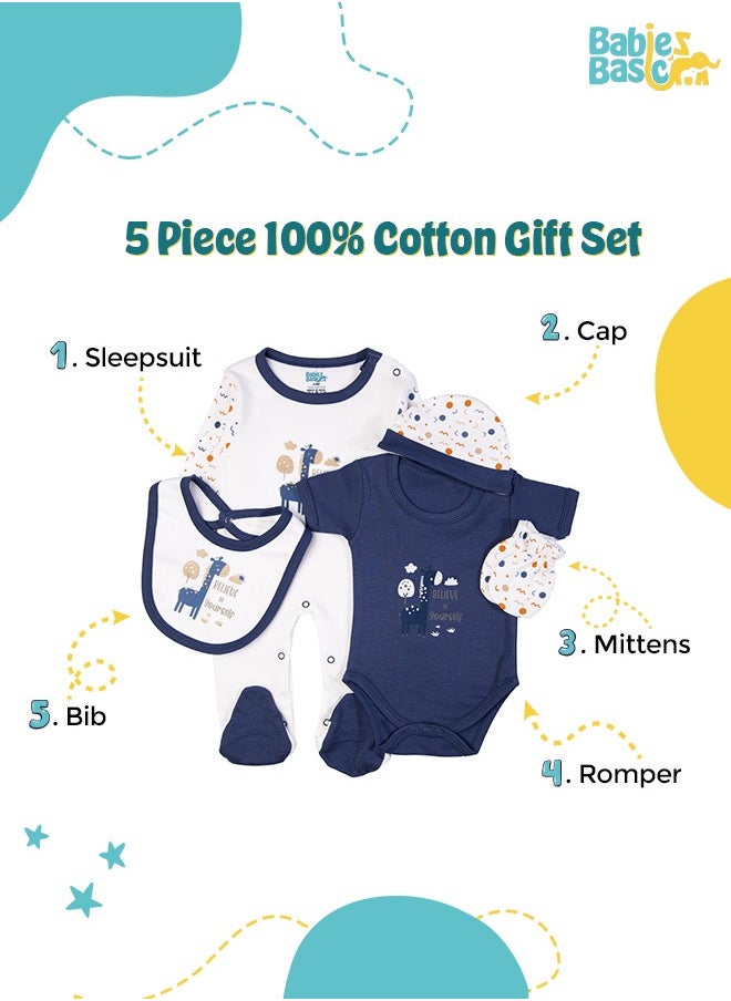 Babies Basic 5 Piece Unisex 100% Cotton Gift Set Include Bib, Romper, Mittens, Cap And Sleepsuit/Jumpsuit- Believe In Yourself  - Image 2