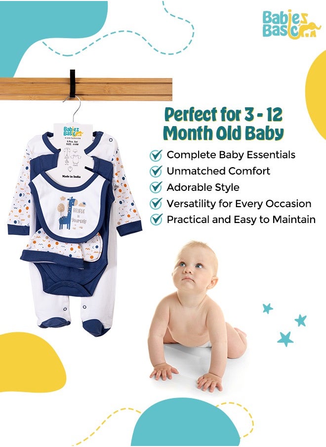 Babies Basic 5 Piece Unisex 100% Cotton Gift Set Include Bib, Romper, Mittens, Cap And Sleepsuit/Jumpsuit- Believe In Yourself  - Image 3