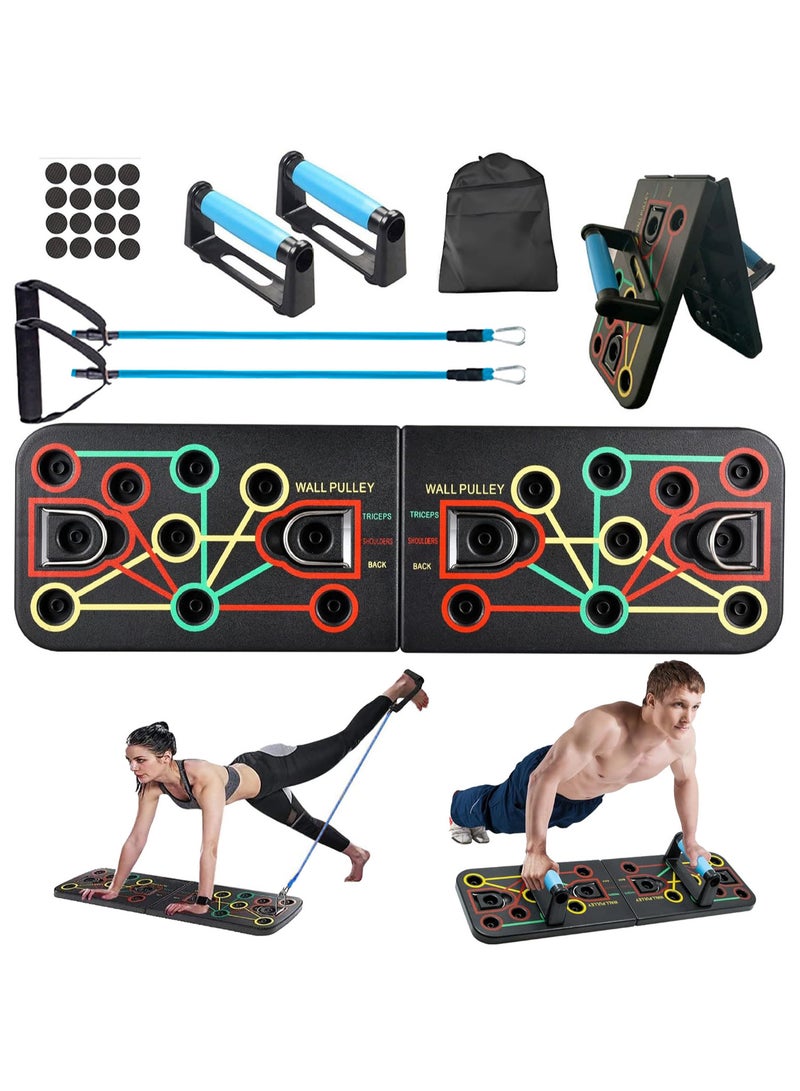 لوح ضغط، حامل رفع متعدد الوظائف مع احزمة مقاومة، معدات تدريب القوة المحمولة القابلة للطي للرجال والنساء، مقابض دفع للأرضية لتقوية الذراعين والقلب والظهر - Image 1