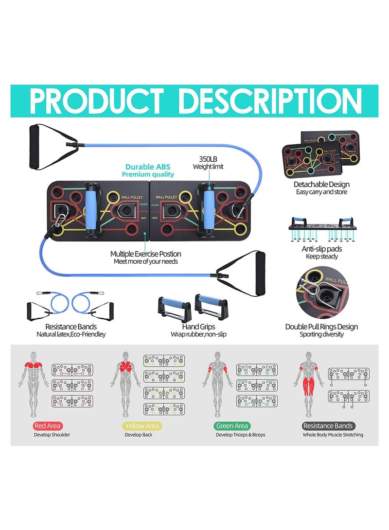 لوح ضغط، حامل رفع متعدد الوظائف مع احزمة مقاومة، معدات تدريب القوة المحمولة القابلة للطي للرجال والنساء، مقابض دفع للأرضية لتقوية الذراعين والقلب والظهر - Image 2