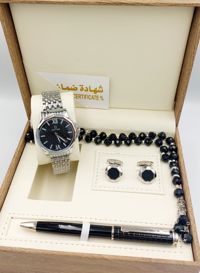 مونتيرا طقم رجالي مكون من ٤ قطع ساعة وقلم وكبك وسبحه
