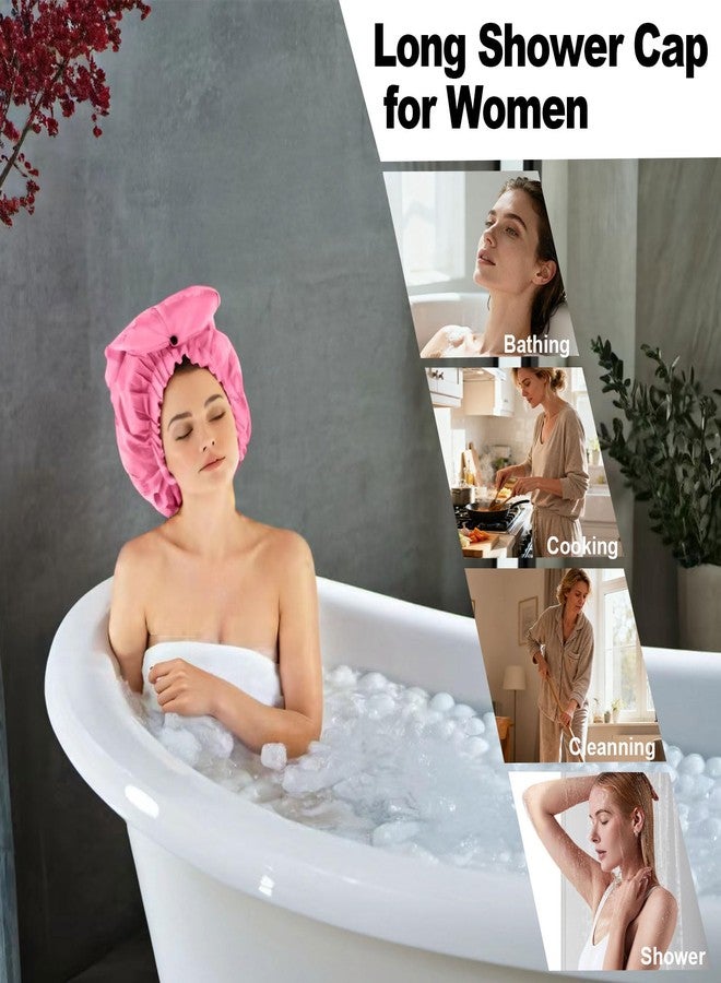 ELEBOX 2 Pack Extra Large Shower Cap for Braids/Curly Hair/Dreadlock，Reusable Waterproof Long Bonnets for Women, Bathing Cap With Drawstring & Button, Black+Pink - Image 2