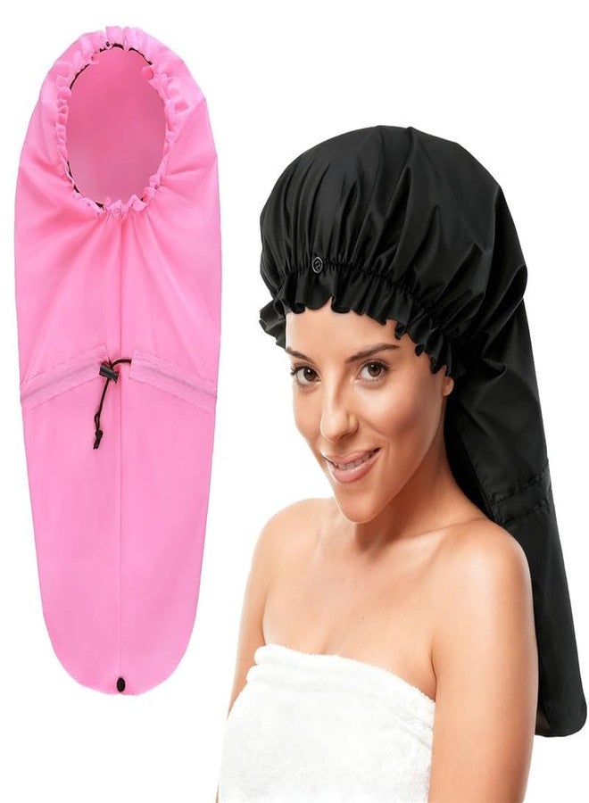 ELEBOX 2 Pack Extra Large Shower Cap for Braids/Curly Hair/Dreadlock，Reusable Waterproof Long Bonnets for Women, Bathing Cap With Drawstring & Button, Black+Pink - Image 1
