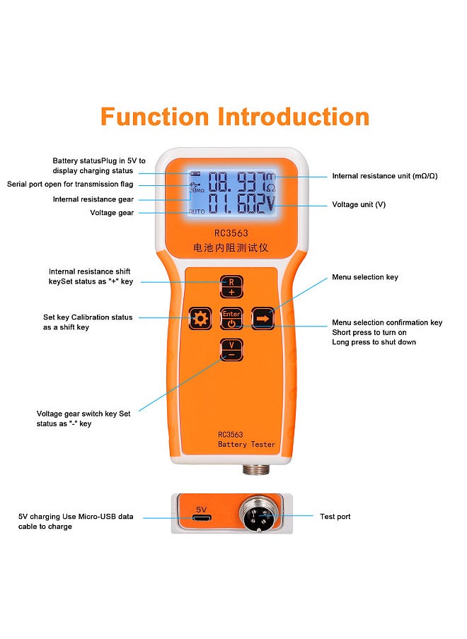 RC3563 200Ω 100V Handheld Portable Battery Internal Resistance Voltage Tester 3-digit Display Battery Tester High-precise True Four-wire AC Lithium Lead-acid Lithium Battery Detector