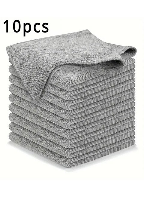 Gray Microfiber Towel Set - 10 Pieces - Ultra Absorbent & Multi-Purpose - Lint-Free - microfiber towels, cleaning towels, kitchen towels, bathroom towels, car towels, glass towels, gray towels, multi-purpose towels, lint-free towels.
