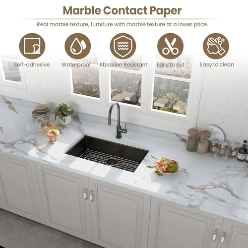 practicalWs Glossy Marble Wallpaper Peel and Stick White/Gold Granite Contact Paper Removable Wall Paper for Kitchen Countertop Cabinet Furniture 11.8" x 78.7" - Image 2