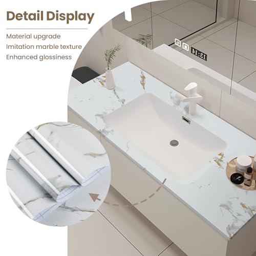 practicalWs Glossy Marble Wallpaper Peel and Stick White/Gold Granite Contact Paper Removable Wall Paper for Kitchen Countertop Cabinet Furniture 11.8" x 78.7" - Image 4