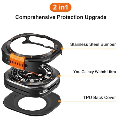 Suphart Metal Cover Compatible with Samsung Galaxy Watch Ultra Case 2025/2024, 2 in 1 Protective Rugged Bumper with Back Frame for Galaxy Watch 47mm (Black/Orange) - Image 2