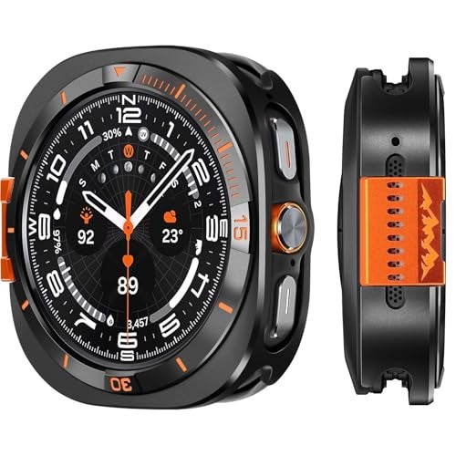 Suphart Metal Cover Compatible with Samsung Galaxy Watch Ultra Case 2025/2024, 2 in 1 Protective Rugged Bumper with Back Frame for Galaxy Watch 47mm (Black/Orange) - Image 1
