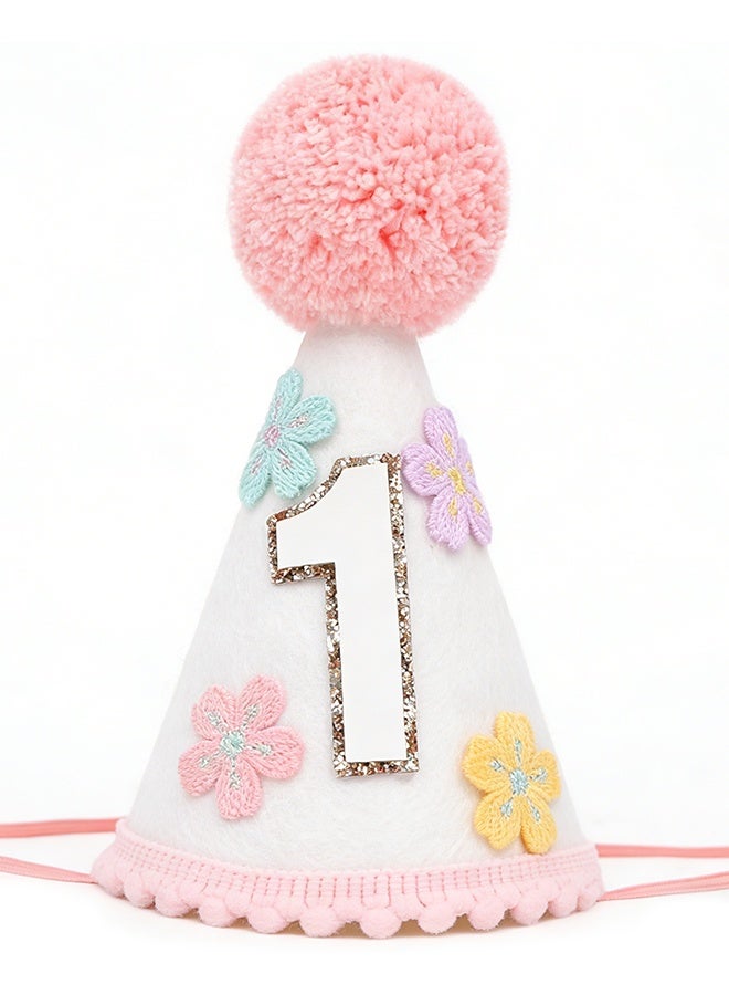 قبعة مخروطية ملونة مزينة بالزهور لعيد الميلاد الأول للبنات، تاج زهور لطيف وجذاب، زينة عيد الميلاد الأول - Image 1