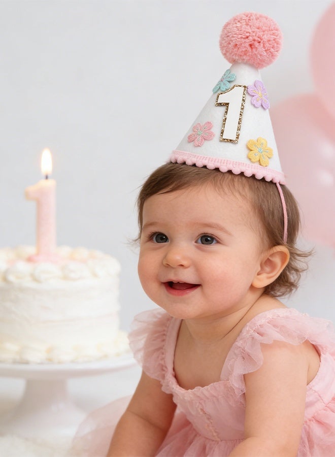 قبعة مخروطية ملونة مزينة بالزهور لعيد الميلاد الأول للبنات، تاج زهور لطيف وجذاب، زينة عيد الميلاد الأول - Image 5