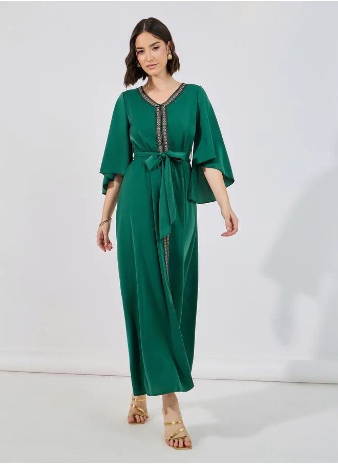 Styli Cape Sleeve Jalabiya with Lace Trim