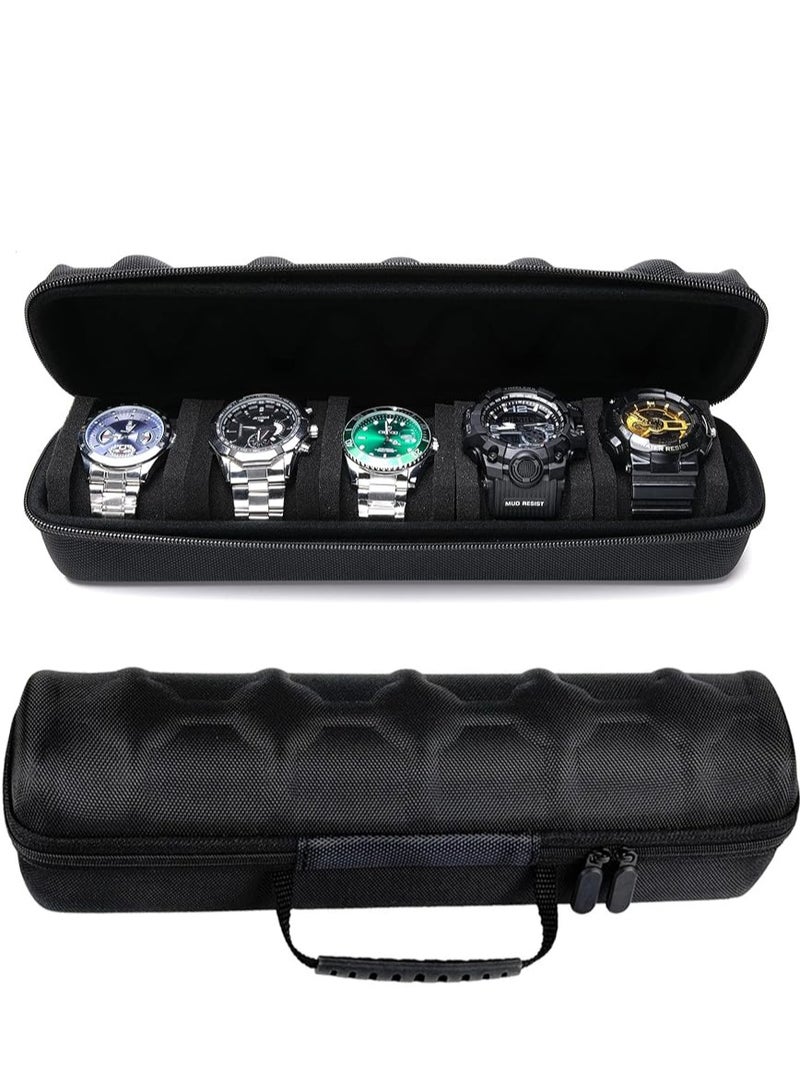 موكس حقيبة سفر للساعات بخمس فتحات للرجال والنساء، صندوق تخزين محمول بسحاب مع وسادة إسفنجية ناعمة قابلة للضغط للساعات الكبيرة والصغيرة (أسود، خمس فتحات) - Image 1