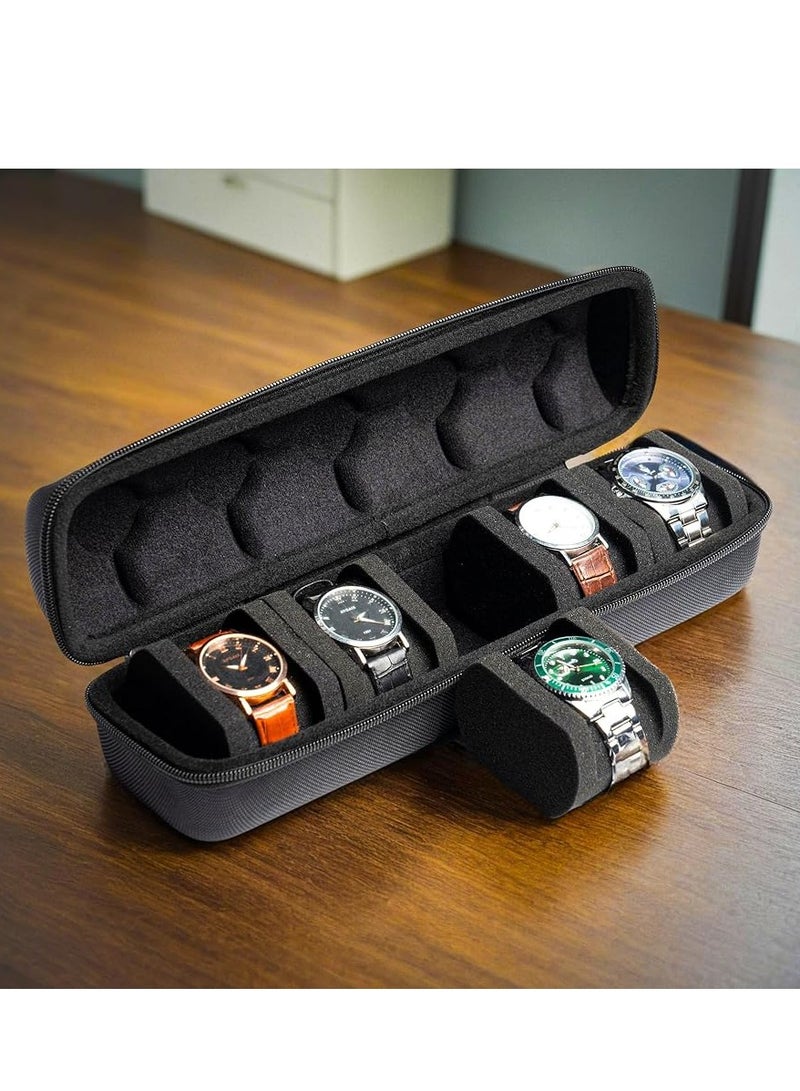 موكس حقيبة سفر للساعات بخمس فتحات للرجال والنساء، صندوق تخزين محمول بسحاب مع وسادة إسفنجية ناعمة قابلة للضغط للساعات الكبيرة والصغيرة (أسود، خمس فتحات) - Image 4