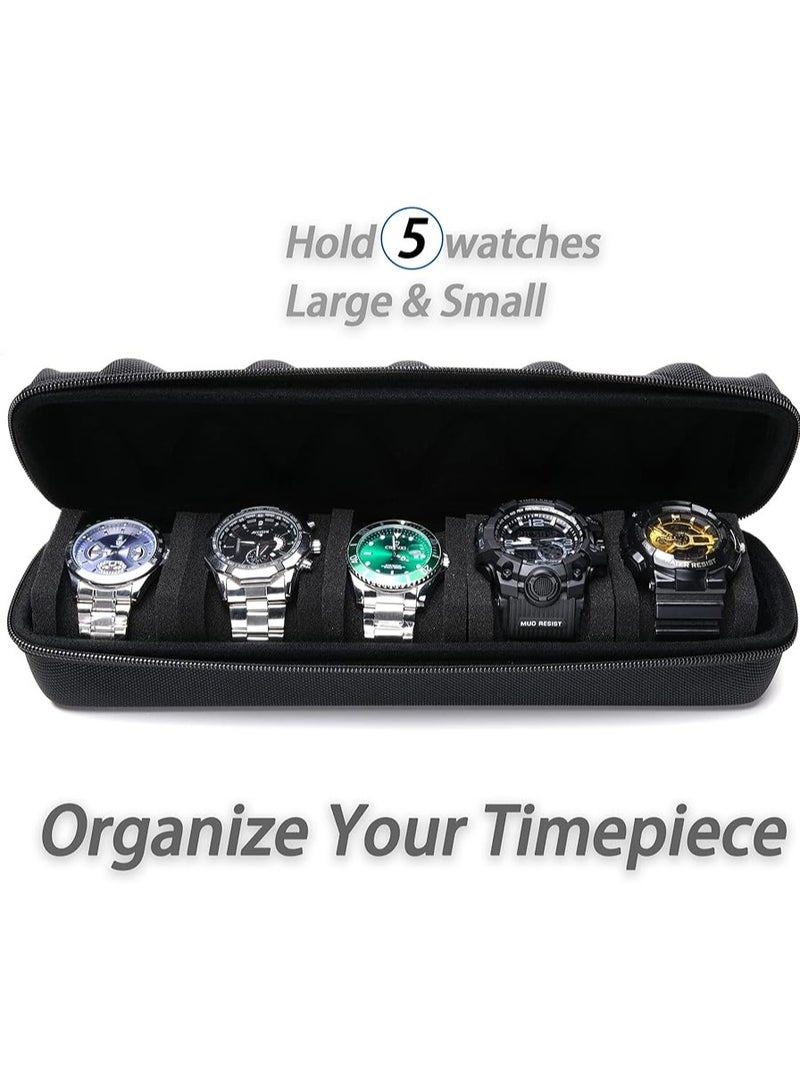 موكس حقيبة سفر للساعات بخمس فتحات للرجال والنساء، صندوق تخزين محمول بسحاب مع وسادة إسفنجية ناعمة قابلة للضغط للساعات الكبيرة والصغيرة (أسود، خمس فتحات) - Image 2