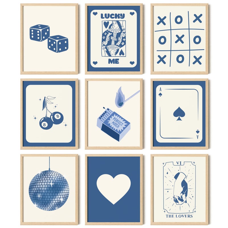97 Decor 97 Decor Blue Lucky Poster - Playing Card Wall Art  Poker Room Decor  Blue Trendy Wall Art  Funky Posters Aesthetic Pictures  Retro Ace Prints Queen of Hearts Decor for Bedroom (8x10 UNFRAMED)  - Image 1