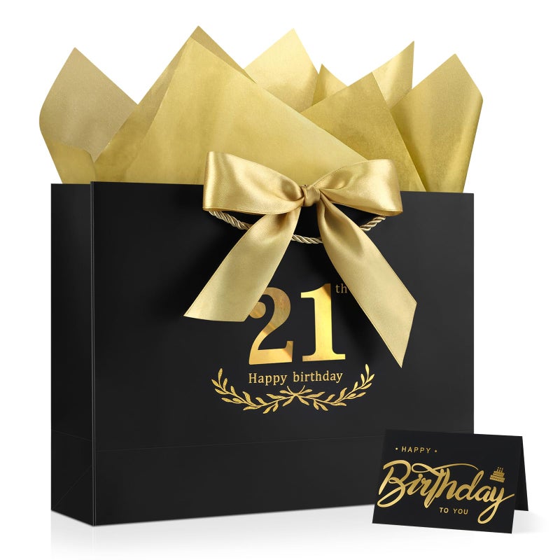 JMANNI Black Gold 21st Birthday Gift Bag with Card and Tissue Paper, 12.6"Ã—9.84"Ã—3.9" Elegant Present Bag for Adults, 21 Year Old Birthday Keepsake Party Supplies - Image 1