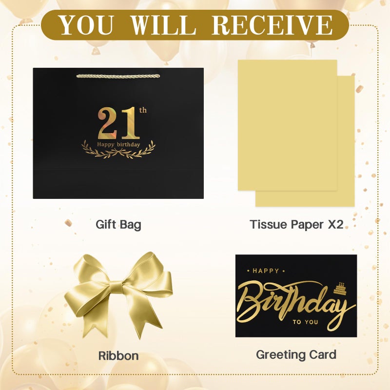 JMANNI Black Gold 21st Birthday Gift Bag with Card and Tissue Paper, 12.6"Ã—9.84"Ã—3.9" Elegant Present Bag for Adults, 21 Year Old Birthday Keepsake Party Supplies - Image 3