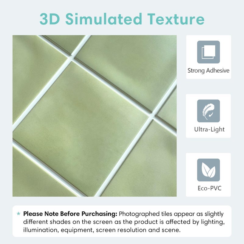 Commomy 10 Pcs Matte 3D Peel and Stick Tile 11.8"x11.8" Ultralight PVC Square Peel and Stick Backsplash for Kitchen Stick on Tiles for Bathroom,Living Room,Fireplace,Interior Wall Decor,Sage Green - Image 3