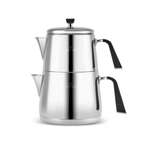 Karaca طقم إبريق شاي تركي كاراجا فيونا من الفولاذ المقاوم للصدأ XL، إبريق شاي سعة 1 لتر وخزان ماء سعة 2 لتر (غلاية)، متوافق مع الموقد/التحريض، تصميم فضي أنيق، سهل التنظيف، مقابض غير قابلة للاشتعال - Image 1