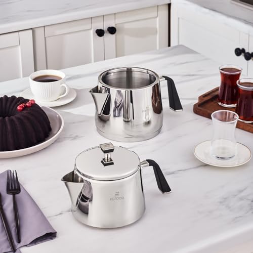 Karaca طقم إبريق شاي تركي كاراجا فيونا من الفولاذ المقاوم للصدأ XL، إبريق شاي سعة 1 لتر وخزان ماء سعة 2 لتر (غلاية)، متوافق مع الموقد/التحريض، تصميم فضي أنيق، سهل التنظيف، مقابض غير قابلة للاشتعال - Image 3