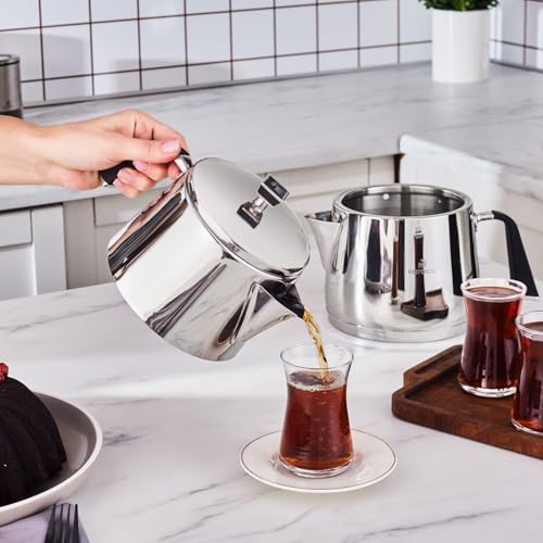 Karaca طقم إبريق شاي تركي كاراجا فيونا من الفولاذ المقاوم للصدأ XL، إبريق شاي سعة 1 لتر وخزان ماء سعة 2 لتر (غلاية)، متوافق مع الموقد/التحريض، تصميم فضي أنيق، سهل التنظيف، مقابض غير قابلة للاشتعال - Image 4